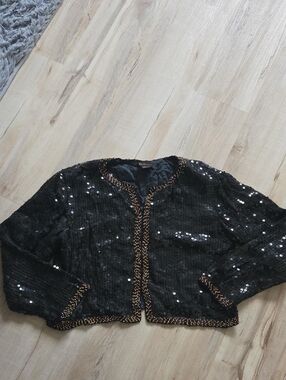 Black Sequin Cropped Jacket with Gold Beaded Trim